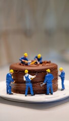 Tiny construction workers diligently work on a beautifully decorated chocolate cake capturing a whimsical and creative blend of baking and construction at a cozy kitchen setting.