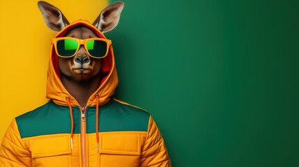 Kangaroo wearing sunglasses and colorful hooded jacket posing on vibrant background, copy space