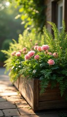 Wooden planter box overflowing with vibrant pink flowers rich green plants. Rustic design, natural elements, charming garden setting. Beautiful arrangement of blooming flowers, inviting atmosphere,
