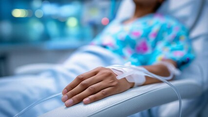 Patient's hand on dialysis chair with tubing connection, illustrating medical treatment, kidney care, healthcare support, professional nursing and life-sustaining therapy
