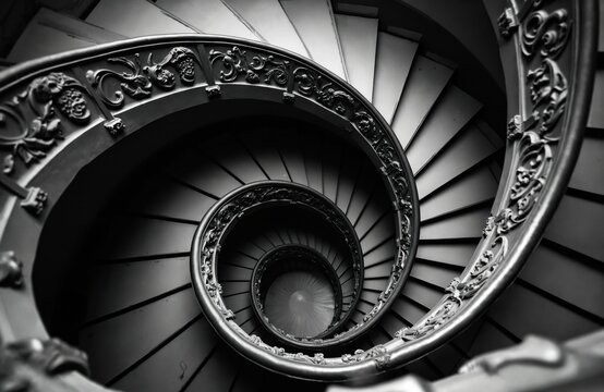 Vintage spiral staircase with intricate details. Architectural design with carved, decorative elements, circular shape leads upwards. Classic building interior, black, white, monochrome, abstract - Powered by Adobe