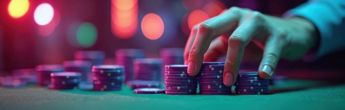 Hand arranging stacks of casino chips. Gambling concept, player hands, poker game. Night club casino with neon lights. AI technology, data processing, support system. - Powered by Adobe
