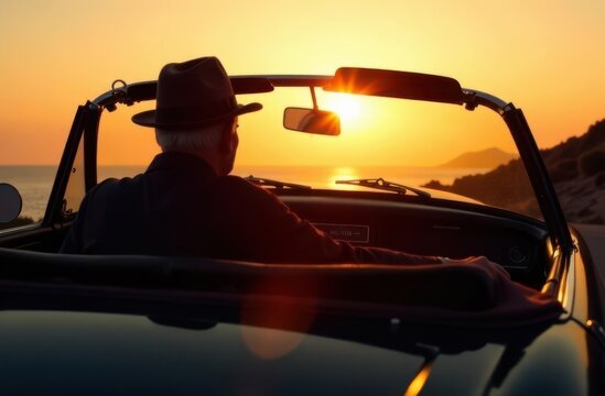 An elderly man enjoys a leisurely drive in a classic convertible soaking in the golden hues of sunset as waves crash against the shore. The peaceful moment reflects freedom.