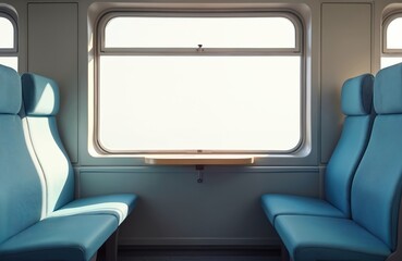 Fototapeta premium Empty train carriage with seats near window. Sunlight streams, creating bright interior. Public transport, travel during vacation, train travel. Comfort, clean design. Focus on travel, business,