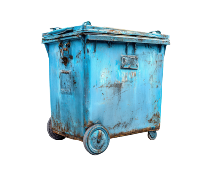 Old blue trash container with rust and wheels for disposal, cut out transparent 