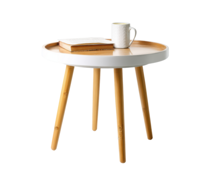 Modern round table with wooden legs and a cup, cut out transparent 