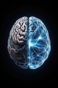 A captivating visualization unfolds the human brain showcasing one side with detailed anatomy and the other illuminating neural connections and electric activity suggesting intelligence.