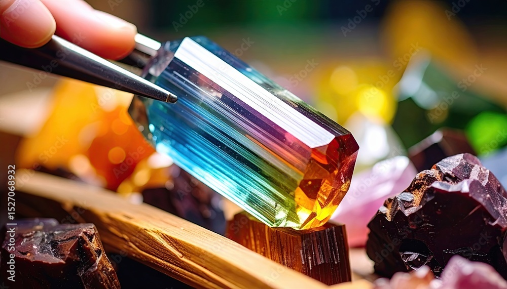 Poster Polychrome Tourmaline Crystal Displayed Among Various Gemstones and Minerals in a Hands-On Setting