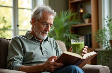 Mature man enjoys healthy green smoothie while reading book. Senior drinks beverage at home, relaxing in armchair with plants background. Healthy lifestyle, leisure.