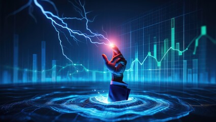 A hand clad in a suit reaches upward from dark waters illuminated by energetic lightning. Graphs and data charts glow in vibrant colors symbolizing a clash of finance and raw energy.