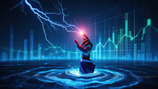 A hand clad in a suit reaches upward from dark waters illuminated by energetic lightning. Graphs and data charts glow in vibrant colors symbolizing a clash of finance and raw energy.