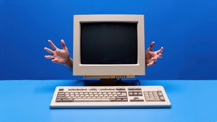 An old-fashioned computer monitor stands on a bright blue table with hands reaching out from behind the screen creating a playful surreal atmosphere that sparks imagination.