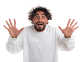 Excited man expressing surprise and joy with raised hands, cut out transparent 