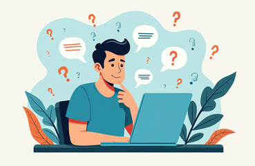 Man with laptop thinks. Questions, speech bubbles illustrate online problem solving. Searching web, finding answer. Education, business, tech, office work, remote work themes.