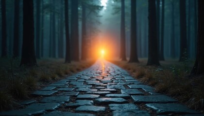 Stone path leads through dark forest. Bright warm light at the end symbolizes hope and adventure. Mysterious journey through woodland. Twilight with glow, tranquil nature with magic portal.