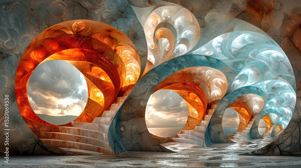 Poster intricate fractal design features mesmerizing swirling patterns of blue and orange under soft lighti