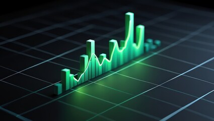 A dynamic financial chart showcases fluctuating green bars against a sleek black grid background representing market movements and economic trends in a digital setting.