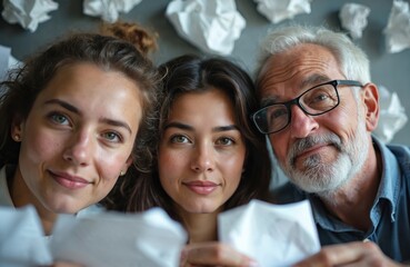 Fototapeta premium Three people of different generations hold sheets of paper. Two young women, and a mature man, smiling, looking at camera. Family business team represents generational diversity in the workplace.