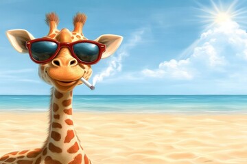 Obraz premium Giraffe wearing sunglasses enjoys cigarette on beach with white sand and blue sea, copy space