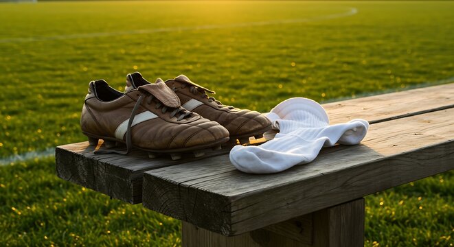 Pair of old soccer cleats and socks on a wooden bench at the edge of the soccer field