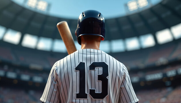 Male baseball player stands on field, back facing viewer, during game. He wears unbranded sport clothes, helmet, holding bat. Sport concept. Team, game, competition, pro stadium.