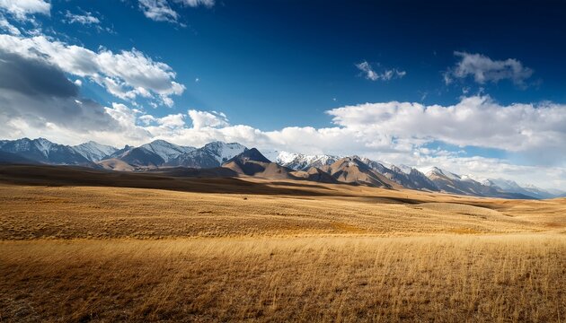 majestic mountain range with blue sky and clouds over dry grassland