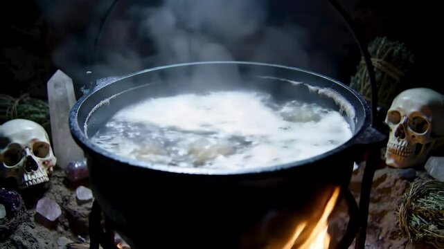 Bubbling cauldron in dim light, surrounded by skulls and mystical objects. Halloween, magic, witchcraft concept.