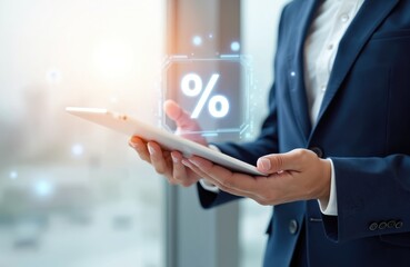 Businessman holds tablet displaying digital hologram percent sign. Interest rate, financial, ranking, mortgage rates concept. Discount commission, promotion, price reduction presented. Economy,