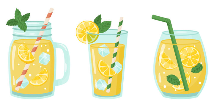 Homemade lemonade vector illustration. Lemonade in various dishes.