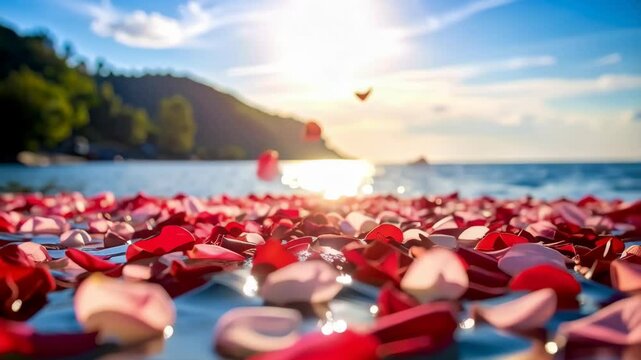 Romantic rose petals floating on clear water at ocean with a sunset background in natural light - Powered by Adobe