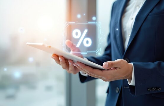 Businessman holds tablet displaying digital hologram percent sign. Interest rate, financial, ranking, mortgage rates concept. Discount commission, promotion, price reduction presented. Economy,