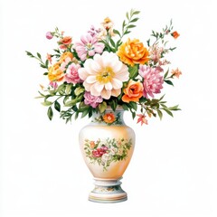Fototapeta premium Vintage ceramic vase with a bouquet of flowers isolated on white, perfect for home decor, floral designs, or romantic retro-themed visuals...