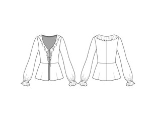 Women's Ruffle Tie Front Peplum Long Sleeve Blouse Technical Flat Sketch Vector for Fashion Designer
