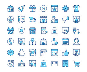 Online shopping icons. Vector line icon set. Modern outline design. Blue concept