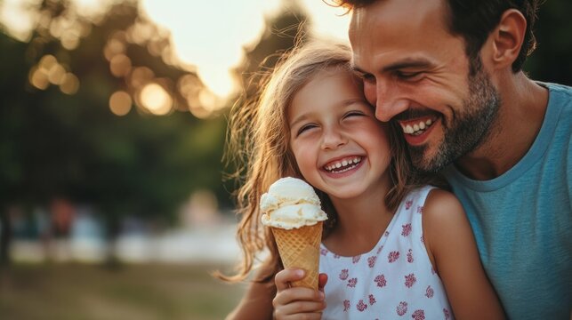 Father and daughter sharing an ice cream cone, big smiles, candid summer memory, happy parenting generative ai - Powered by Adobe