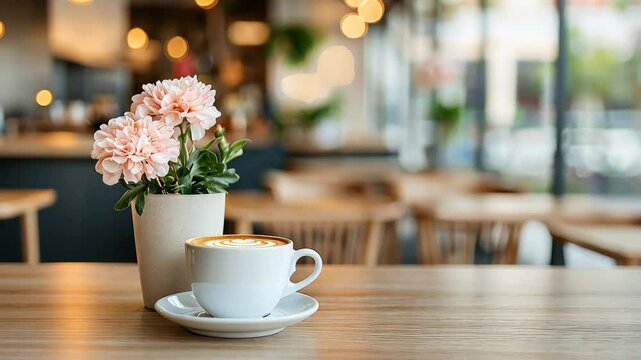 Cafe Scene Serenity: A picturesque setting featuring a cup of coffee and a charming vase of flowers, all set on a wooden table with an out-of-focus background, creating a serene and inviting ambiance.