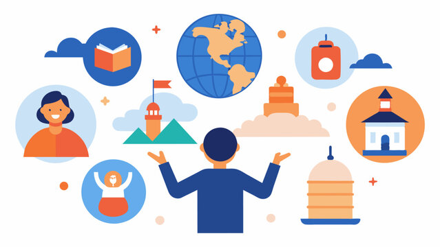 Exploring different cultural traditions and customs through cultural exchange programs can challenge the brain to learn and adapt promoting cognitive flexibility and growth.. Vector illustration