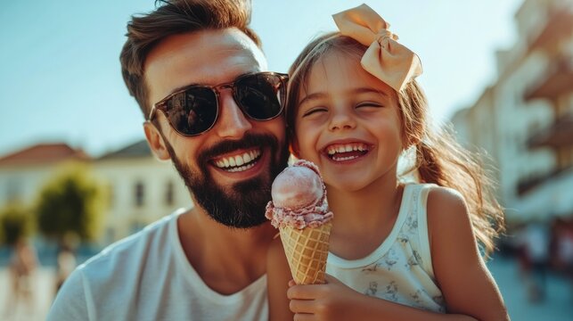 Father and daughter sharing an ice cream cone, big smiles, candid summer memory, happy parenting generative ai