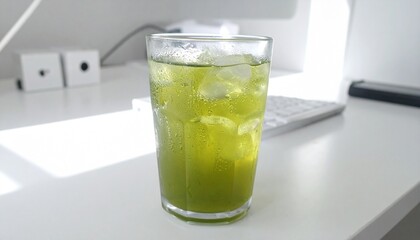 透明なグラスに注がれた氷冷えの緑茶が滴る結露とともに、明るい日差しが差し込むモダンな白いワークスペースに置かれた涼やかな一杯

