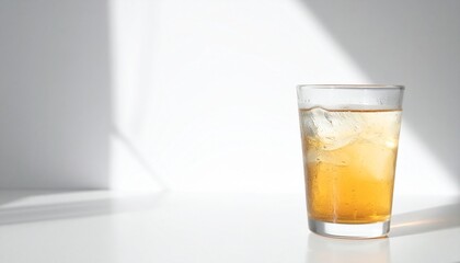 透明なグラスに結露が光る冷たいドリンクが白いデスクに置かれた、爽やかな夏の自然光あふれるワークスペース

