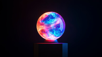 Colorful disco ball is lit up and placed on a dark background