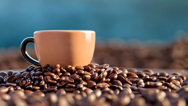 Coffee cup and beans: a close-up shot features a charming ceramic coffee cup nestled among a bed of rich, roasted coffee beans, with a blurred backdrop.