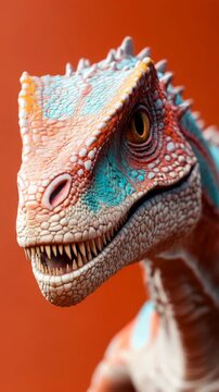 Close-up of a vibrant, colorful dinosaur against a burnt orange background.
