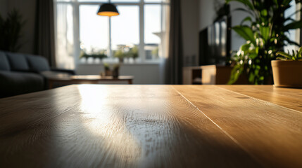 Fototapeta premium Empty wooden surface with a living room backdrop