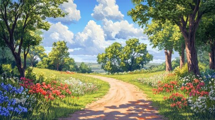 Fototapeta premium Sunny path winding through vibrant wildflowers and lush green trees on a bright summer day.