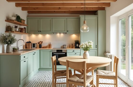 Bright, modern kitchen dining room in contemporary rustic apartment. Wooden furniture. Round table with chairs, flowers in vase. Stylish cozy design, decorative elements, spacious layout.