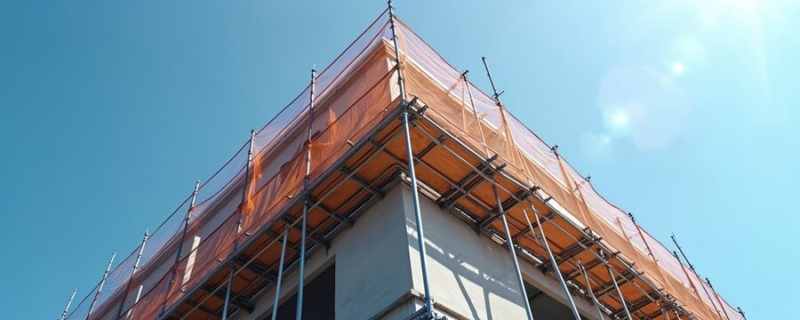 Scaffold with safety net at building construction site. Metal scaffolding structure with safety net. Industry architecture and building engineering under clear blue sky.
