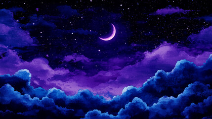 Watercolor Night Sky Seamless Pattern Clouds Stars Moon