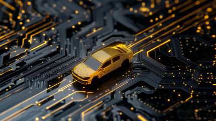 Yellow Digital Taxi on Futuristic Circuit Board Road