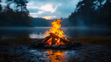 Fototapeta premium A warm campfire illuminates the serene lake at dusk, inviting relaxation and reflection.